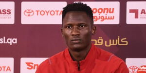 Kenyan forward Michael Olunga speaks to the Qatar press at Jassim Bin Hamad Stadium on April 6, 2023. 