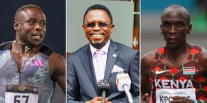 From left to right: African record holder Ferdinand Omanyala, Sports CS Ababu Namwamba and Olympic champion and marathon legend Eliud Kipchoge. 
