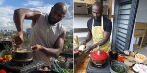 A collage image of Dennis Ombachi cooking at past events.