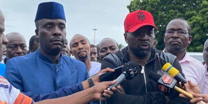 Criminal lawyers, Danstan Omari (left) and Cliff Ombeta address the media, on Saturday, April 29, after they were hired to represent Pastor Ezekiel Odera in court