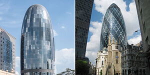 A photo collage of One Africa Place Building located in Westlands, Nairobi and the Gherkin in London, United Kingdom. 