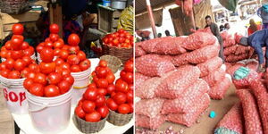 Tomatoes (left) and onions in a local market 