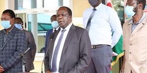 Kakamega Governor Wycliffe Oparanya (centre) with Kisumu Counterpart Anyang' Nyong'o on July 22, 2020.