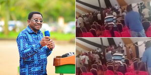 Photo collage of Siaya Governor James Orengo speaking and supporters clashing on Saturday May 13, 2023