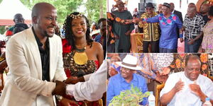 A photo collage of Micheal Orengo together with his fiancee Samantha Luseno (left), Siaya Governor James Orengo together with other politicians at the dowry negotiations (top right) and former Prime Minister Raila Odinga and former Kakamega Governor Wycliffe Oparanya at the event on September 9, 2023.