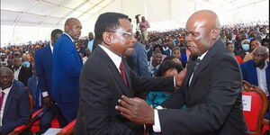 A photo of Siaya Governor James Orengo (left) with his deputy William Oduol during a ceremony on August 25, 2022.