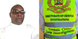 A collage o John Maina, the slain Catholic priest and an emblem o the DCI. 