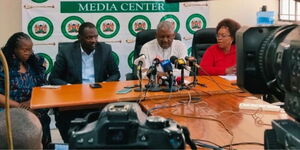 Rarieda MP Otiende Amollo addressing the press at the parliament buildings alongside other legislators on Monday, January 5, 2025.