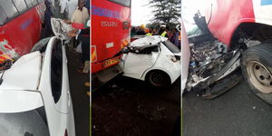 Car knocks the hind side of an Embassava Sacco bus stalled along the Outering road near Kware stage in Nairobi on November 3