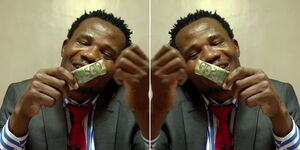 A collage image of Mumias East MP Peter Salasya holding a Ksh500 note.