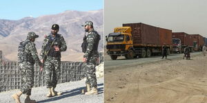A collage of Pakistani soldiers standing guard near the Afghan border in Ghulam Khan (left) and trucks carrying goods destined for Afghanistan line up near Chaman, in Pakistan, waiting to cross the border. 