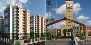 A collage of affordable housing units and the Parliament buildings.