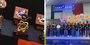 A collage of participants and an award trophy at the scientists exhibition on Wednesday, November 30, 2022.