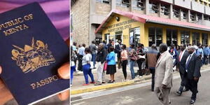 Photo collage of a person holding his passport and people lining up at Immigration offices to submit their biometrics