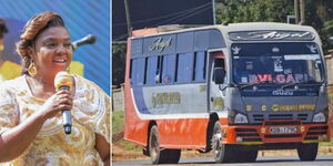 Pastor Dorcas Rigathi (left) and a bus belonging to Super Metro.