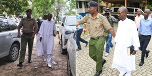 A photo collage of Pastor Ezekiel Odero being escorted by police following his arrest on April 27, 2023.