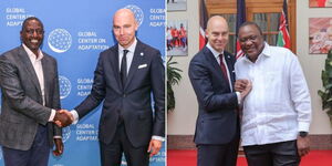 A photo collage of Professor Patrick Verkooijen together with President William Ruto (left) and former President Uhuru Kenyatta in 2023 and 2022 respectively.