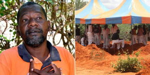 A photo collage of Paul Mackenzie speaking during an interview on March 24, 2023 (left) and police officers digging graves at the Shakahola Forest on April 24, 2023 (right).