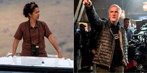A collage image of Dr Paula Kahumbu (Left) and Executive Producer James Cameron during a past production(Right)
