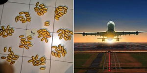 Pellets of cocaine recovered in Donholm and a plane taking off.