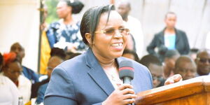 Tourism Cabinet Secretary Peninah Malonza speaking at Prize Giving Ceremony and Launch of the Strategic Plan at St. Georges Girls Secondary School, Nairobi on July 26, 2023