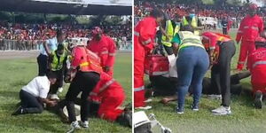 Paramedics attending to a mourner who collapsed at the Mamboleo Stadium in Kisumu moments after viewing of former Prime Minister Raila Odinga's body on Saturday, October 18, 2025.