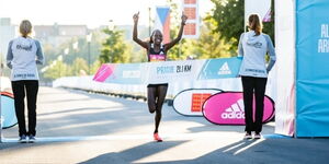 Peres Jepchirchir celebrates after setting a new world record in Prague, the Czech Republic on Saturday, September 5, 2020