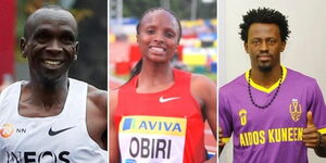 From left to right: world record holder Eliud Kipchoge,  world 5000 metres champion Hellen Obiri and Wazito FC player Kevin Kimani.