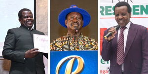 Presidential election petitioners from left, Busia Senate speaker Okiya Omtatah, Azimio chief Raila Odinga and Reuben Kigame