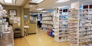 Medicine lined up on the shelves a stocked pharmacy.