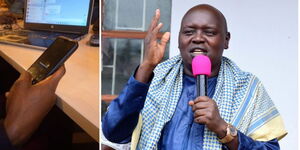 Photo collage of a person using his mobile phone and Nandi Senator Samson Cherargei speaking on April 21, 2023