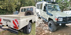 A photo collage of a Landcruiser pickup (left)  and the converted Landcruiser Tour Van (right)