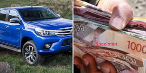 A collage photo of a pick-up car and a person counting money in Kenyan Currency 