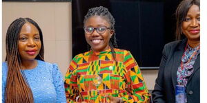 A photo of the PineKazi C.E.O, Yvonne Awour (Centre) alongside officials at the Africa Youth SDGs Innovation Awards in Zambia