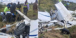 Emergency responders at the aircraft accident scene on March 5, 2024 (left) and parts of the plane after the accident.