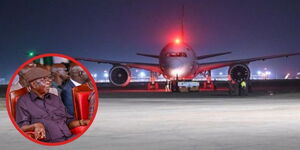 An aeroplane at the Jomo Kenyatta International Airport (JKIA) and an insert of Oburu Odinga.