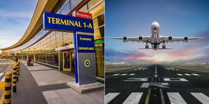 A photo collage of the JKIA terminal in Nairobi County taken on June 3, 2023 (left) and a plane taking off from a runway (left).