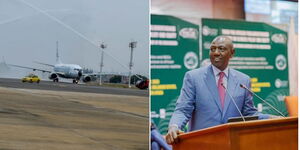 Photo collage of a plane receiving a water salute on March 10,2021 and President William Ruto uring the Pan-African Parliament Summit on Climate Policy and Equity in South Africa