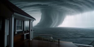 A picture depicting a scary hurricane taking place near the ocean