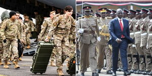 A photo collage of US troops arriving for a mission (left) and President William Ruto inspecting a guard of honour.