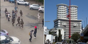 Police chasing protests along Kimathi Street (left) and Nation Center Building.