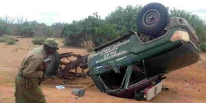 A Police vehicle after running over a device IED on a road in Kenya's Southeastern Coast. 