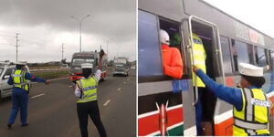 Police officers flag down a bus during a crackdown on Thika Road.