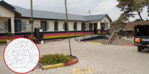 A photo collage of a police station and a suicide note.