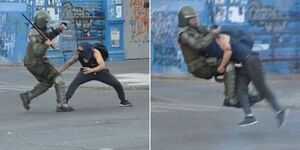 A photo collage of a protester tackling police to the ground during protests in Chile in 2019.