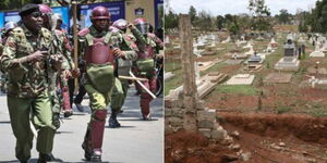 A photo of police during a past deployment in Nairobi CBD in July 2023 (right) and a section of Lang'ata Cemetery(right).