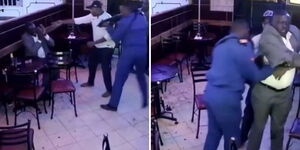 A screengrab showing two cops accosting Kayole police boss from an entertainment joint based in Kasarani, Nairobi County.