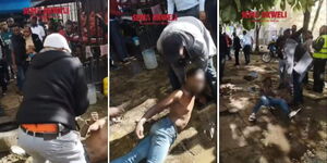 Police officers dragging a street parking attendant along wet floor at Nairobi CBD