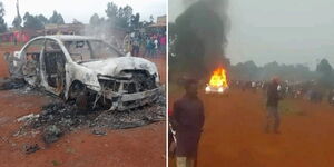 Collage of scenes in Nzoia after a police car was burnt to ashes on February 27, 2024.