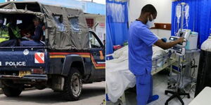 A photo collage of a police car and a medical practitioner 